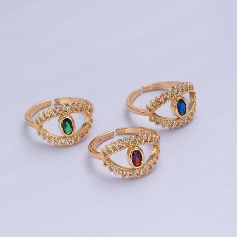 Gold Evil Eye Diamond Ring, Evil Eye Protection Ring, Greek Statement Rings, Trendy Ring O-2244 O-2245 O-2246 Blue