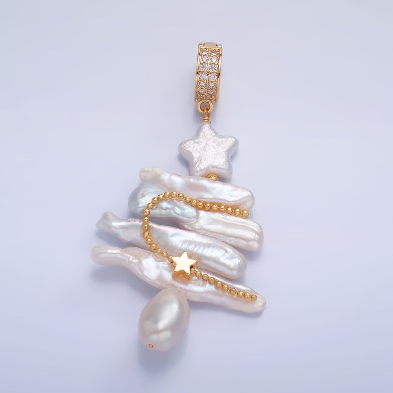 Handmade White Pearl Christmas Tree Necklace Charm Star Pendant P1937