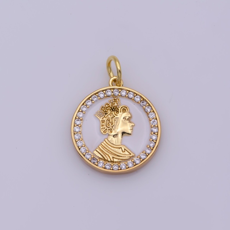 Mini English Queen Elizabeth coin medal 18k Gold Filled coin Charm Micro Pave Enamel White Charm N-199