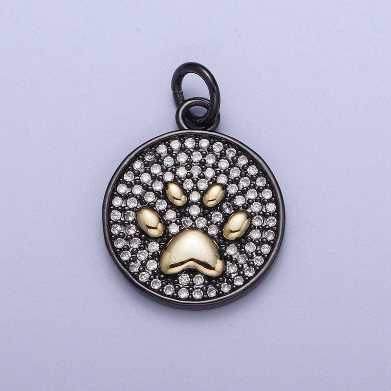 Round Clear Micro Paved CZ Gold Animal Pawprint Black Medallion Charm | X-728