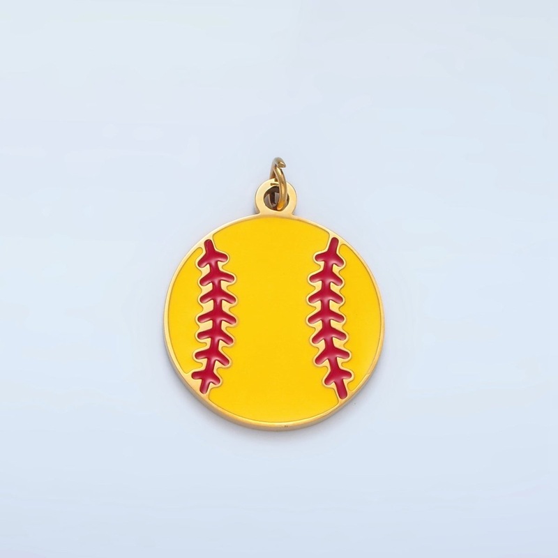 Stainless Steel 20mm Yellow Softball Sports Enamel Round Charm | P1225