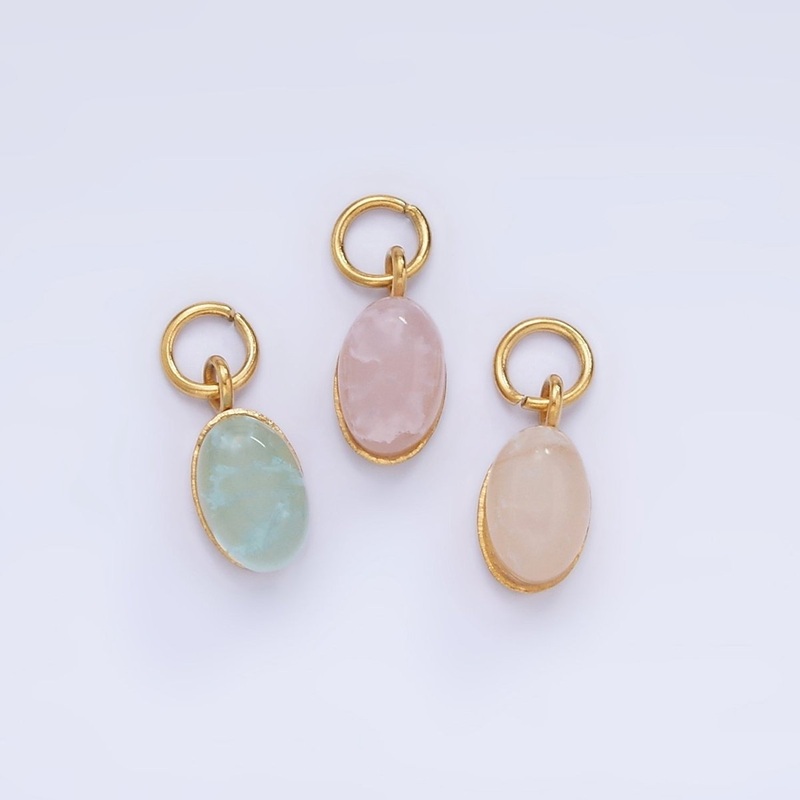Stainless Steel Clear, Pink, Teal Agate Gemstone Oval Charm | P985 Clear