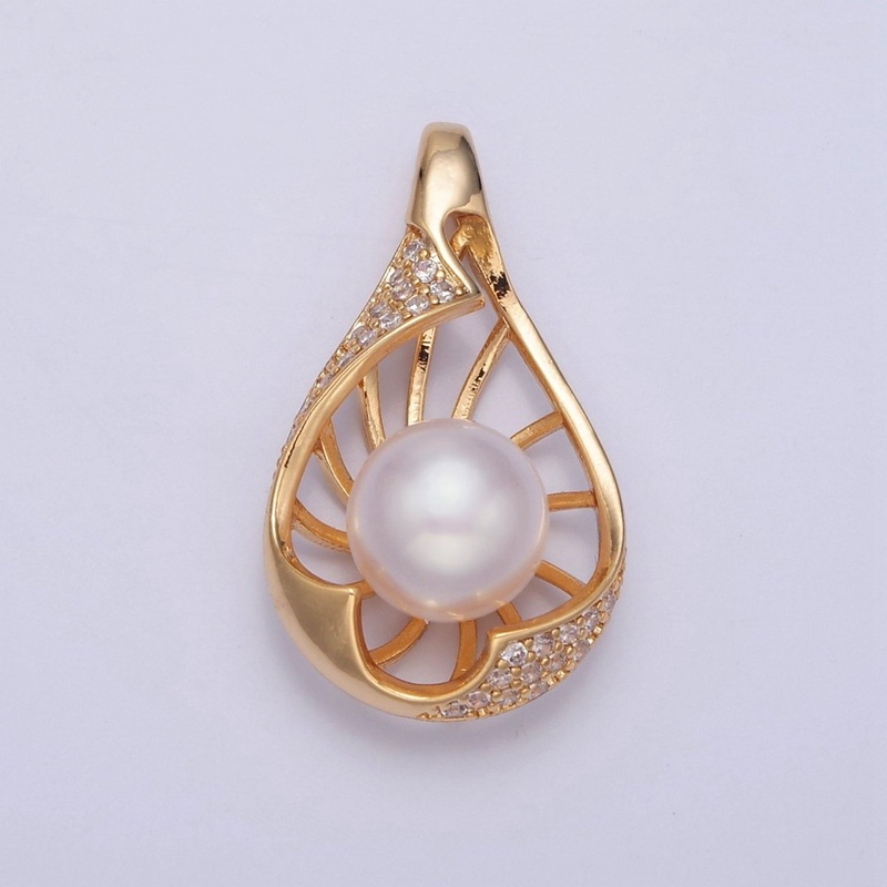 Tear Drop Pave Genuine Shell Pearl Pendant Minimalist Bridal Wedding Jewelry I-041