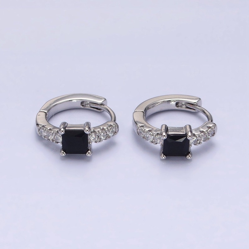 White Gold Filled Black Square CZ Clear Micro Paved Thin 12.6mm Cartilage Huggie | AB1490