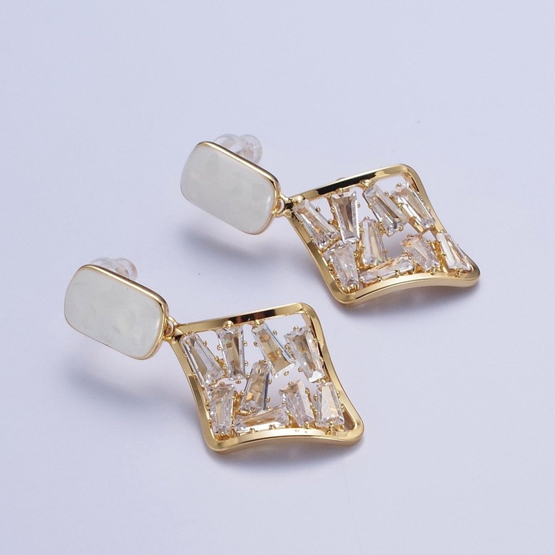 White Opal Squircle with Baguette Cubic Zirconia Rhombus Drop Gold Stud Earrings | AD-545