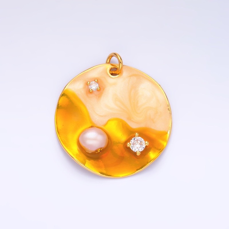 Yellow Gold Coin Charm enamel with pearl beads 24k Gold Filled M-258