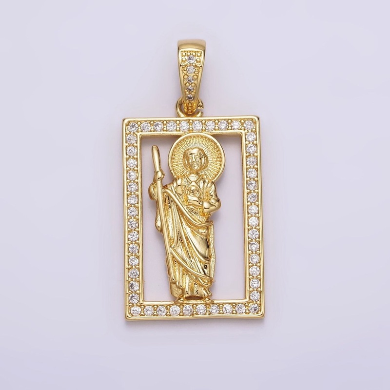 14K Gold Filed Religious Saint Jude Open Rectangular Clear Micro Paved CZ Bail Pendant | AA637