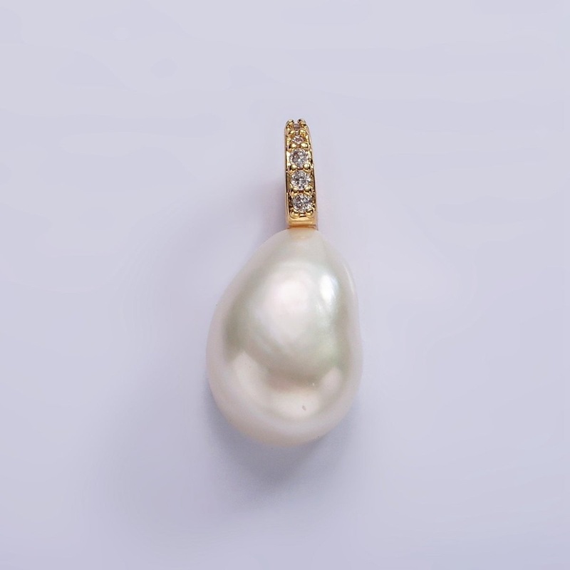 14K Gold Filled 19mm White Freshwater Pearl Button Drop Micro Paved CZ Pendant | P1641