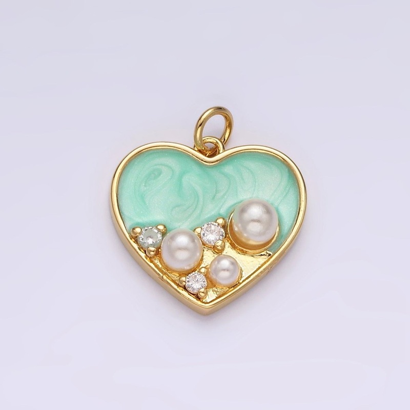 14K Gold Filled 20mm Pearl CZ Dotted Teal Sparkly Enamel Heart Charm | AC788