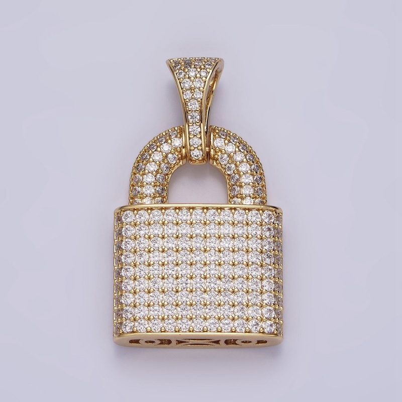 14K Gold Filled 40mm Clear Micro Paved CZ Padlock Pendant | AA647