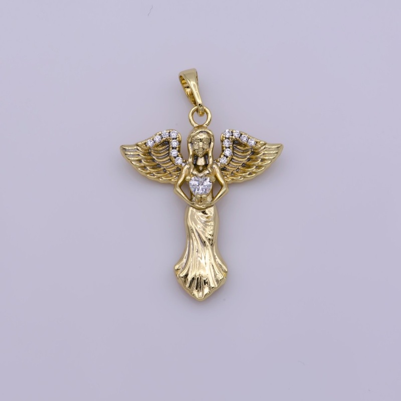 14k Gold Filled Angel Charm Cubic Zirconia Guardian Angel Pendant N-1336