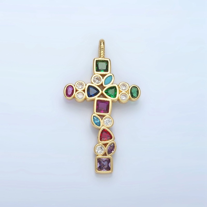 14K Gold Filled Multicolor CZ Geometric Religious Cross Pendant | I545