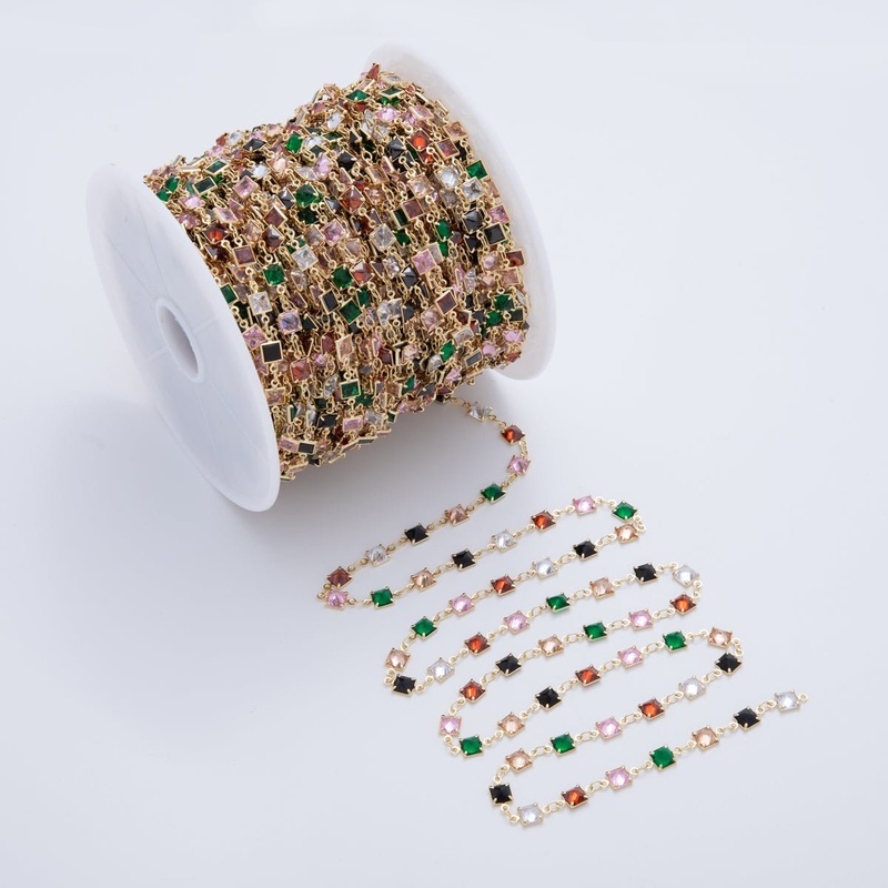 16K Gold Filled 5.5mm Multicolor Multifaceted Square Link Unfinished Chain by Yard | Roll-1604