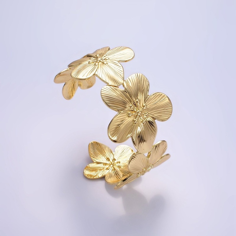 16K Gold Filled 50mm Flower Textured Wide Cuff Bracelet | WA-2521