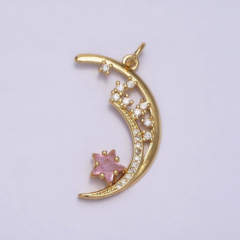16K Gold Filled Celestial Crescent Moon Pink Star Micro Paved CZ Charm | AA483