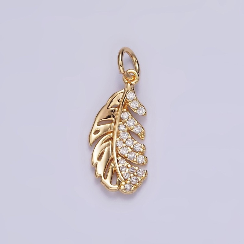 16K Gold Filled Half Clear Micro Paved CZ Palm Leaf Plant Charm | N1012