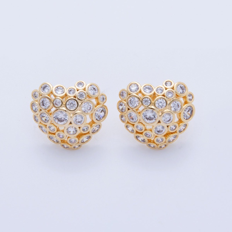 18K Gold Filled Clear CZ Dotted Dome Heart Stud Earrings | AI358