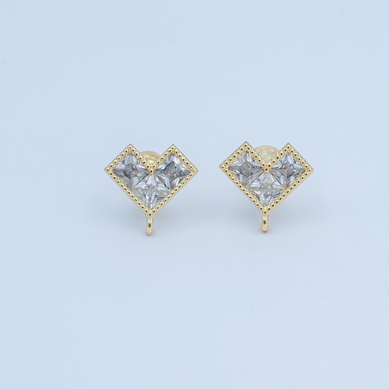 24K Gold Filled Clear CZ Pixelated Heart Drop Stud Earrings Findings | Z1115