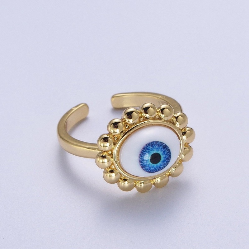 Blue Evil Eye of Ra Round Beaded Bezel Gold Adjustable Protection Ring | O-2001