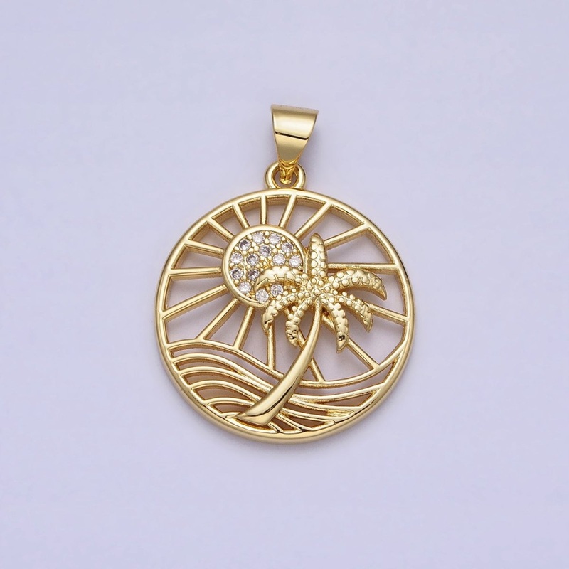 Gold Sunny Beam Beach Palm Tree Clear Micro Paved CZ Round Open Charm | AA162