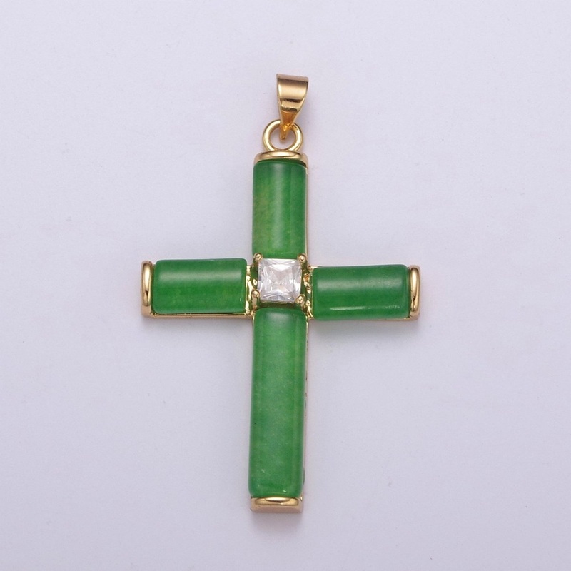 Simple Green Jade Cross Pendant for Necklace 24K Gold Filled Cross AH-347