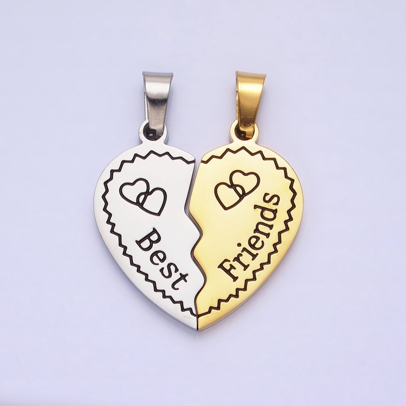 Stainless Steel “Best Friend” Script Engraved Hearts Mixed Metal Friendship Pendant Set | P-1128