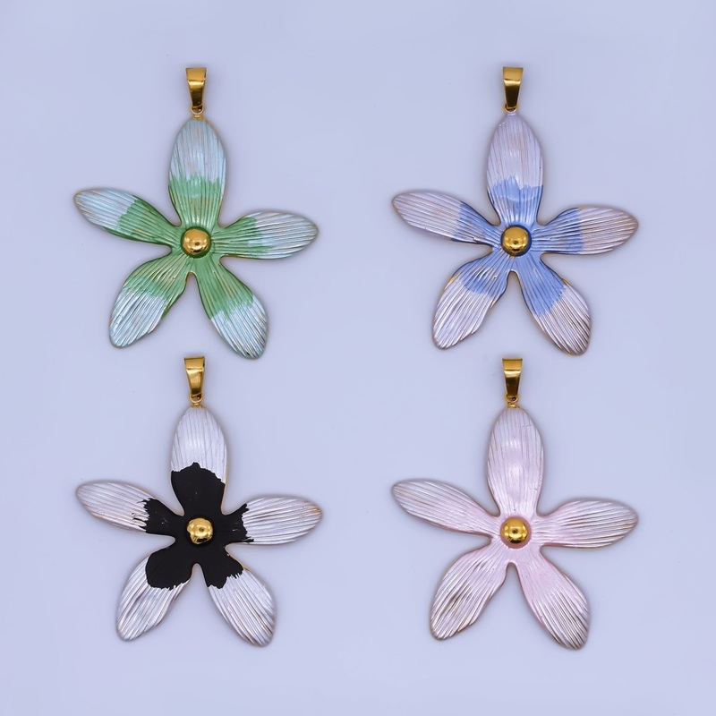 Stainless Steel Enamel 40mm 5-Petal Star Orchid Flower Charm | J-063 J-070 J-083 J-138 Green