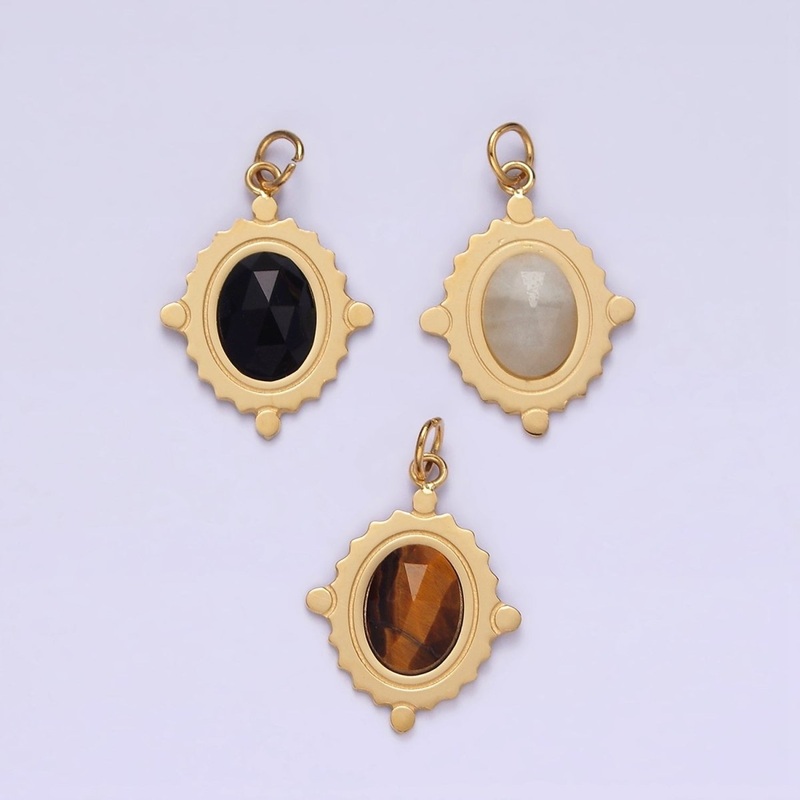 Stainless Steel Onyx, Tiger Eye, Moonstone Multifaceted Dotted Oval Charm  | P619 P620 Tiger Eye