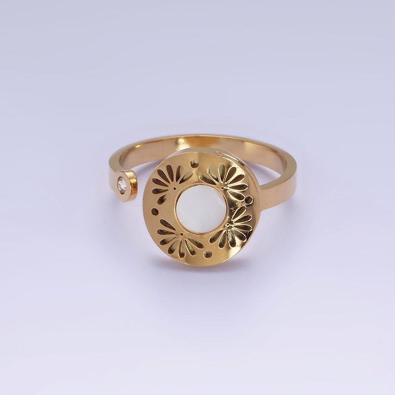 Stainless Steel Shell Pearl Open Flower Petal Filigree Round CZ Wrap Ring | O1297