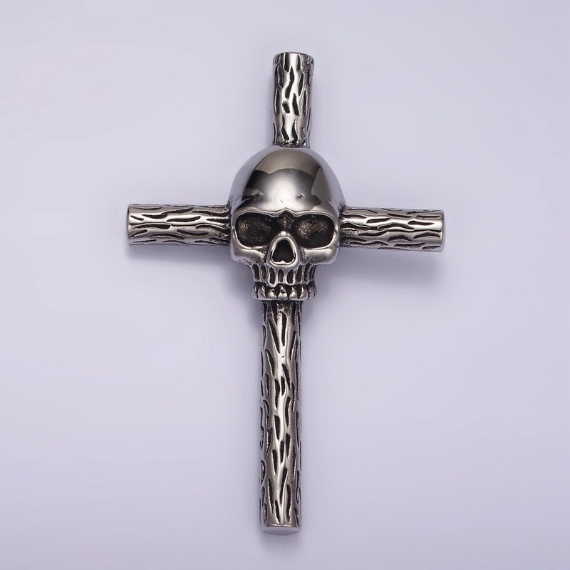 Stainless Steel Skeleton Skull Wood Line-Textured Cross Oxidized Pendant | P1179