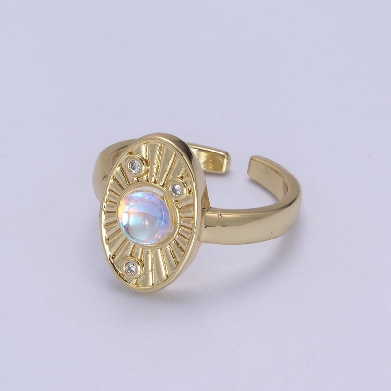 White Opal Sunburst Ring, Clear Crystal Zirconia CZ Oval Radial Adjustable Ring, 24K Gold Filled Statement Ring U-460