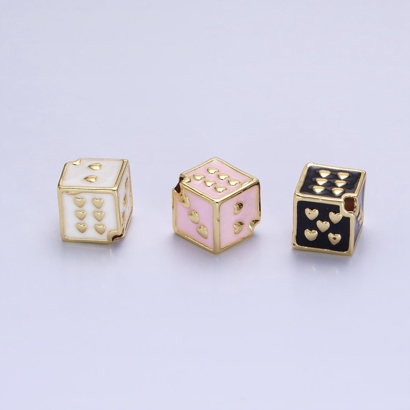 White, Pink, Black Enamel Heart Lucky Dice 9mm Beads | B-192 White