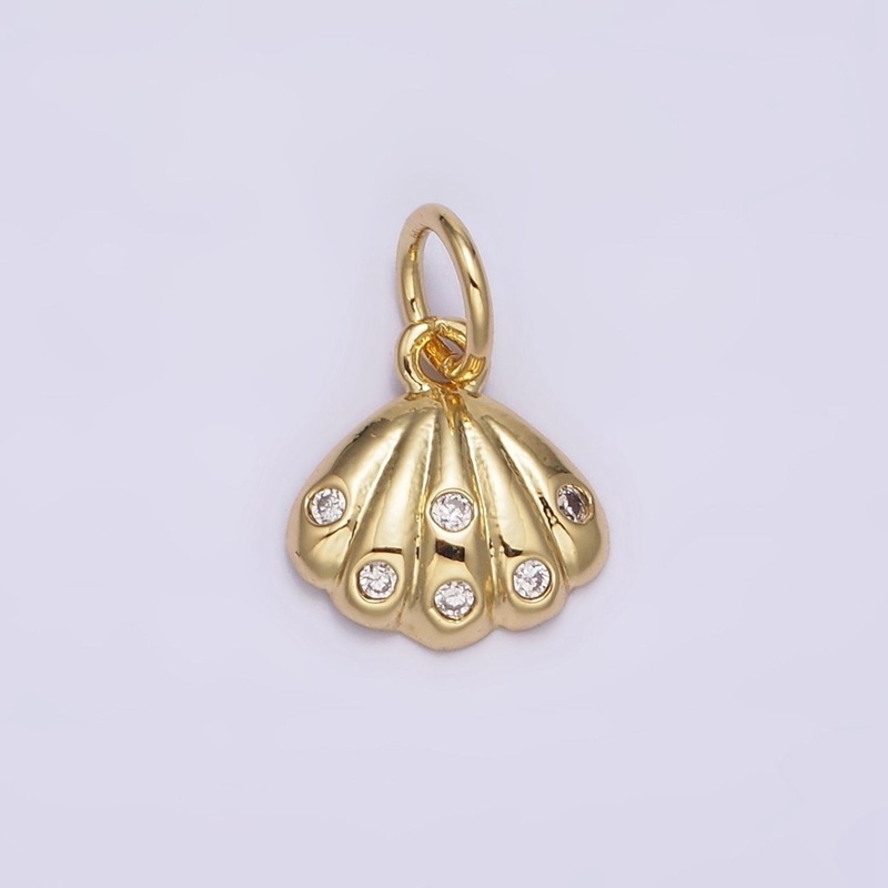 14K Gold Filled 12mm Clear CZ Dotted Sea Clam Shell Add-On Charm | N982