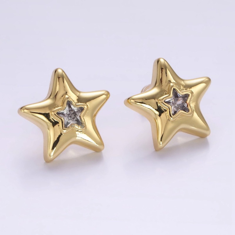 14K Gold Filled 20mm Clear CZ Celestial Star Dome Stud Earrings | P510