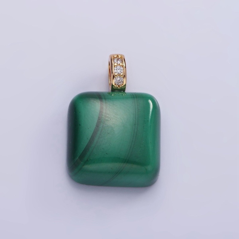 14K Gold Filled 20mm Malachite Square Micro Paved CZ Bail Pendant | AH137