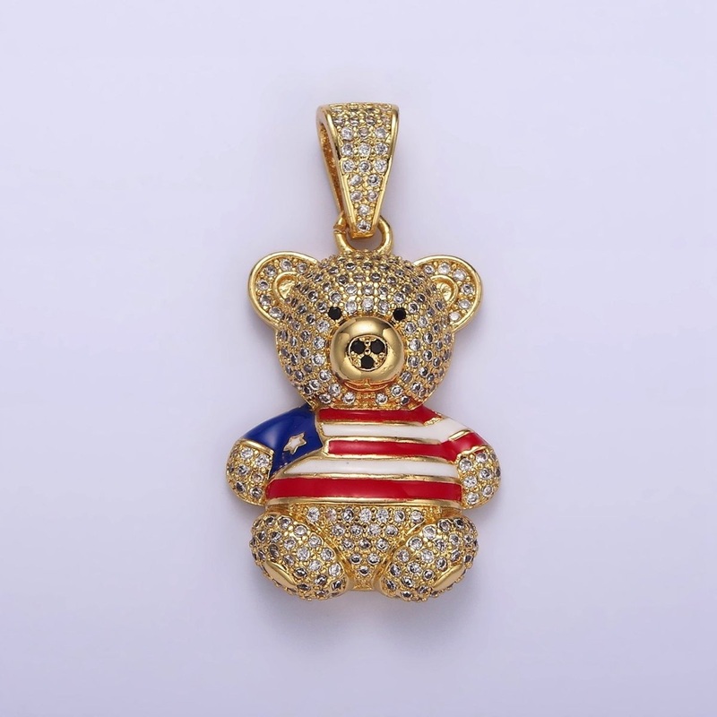 14K Gold Filled 35mm Bear Animal Flag Shirt Clear Micro Paved CZ Bail Pendant | AA642