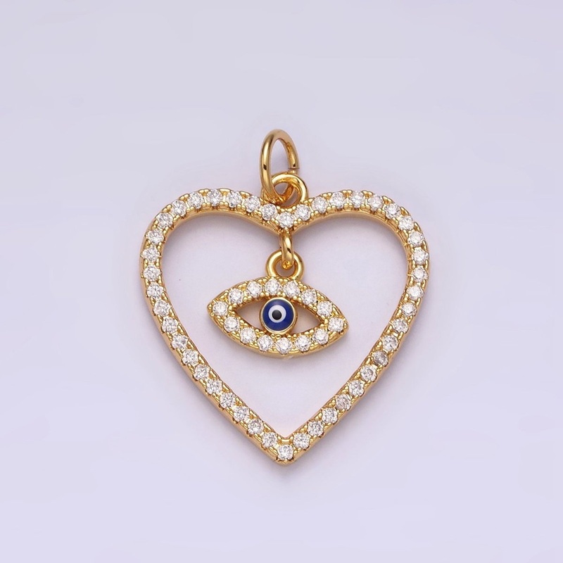 14K Gold Filled Blue Enamel Evil Eye Drop Open Heart Micro Paved CZ Charm | AC1411