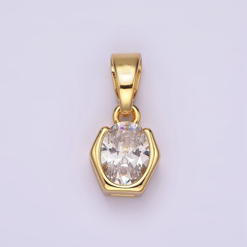 14K Gold Filled Clear CZ Oval Hexagon Open Bezel Pendant | AA1105