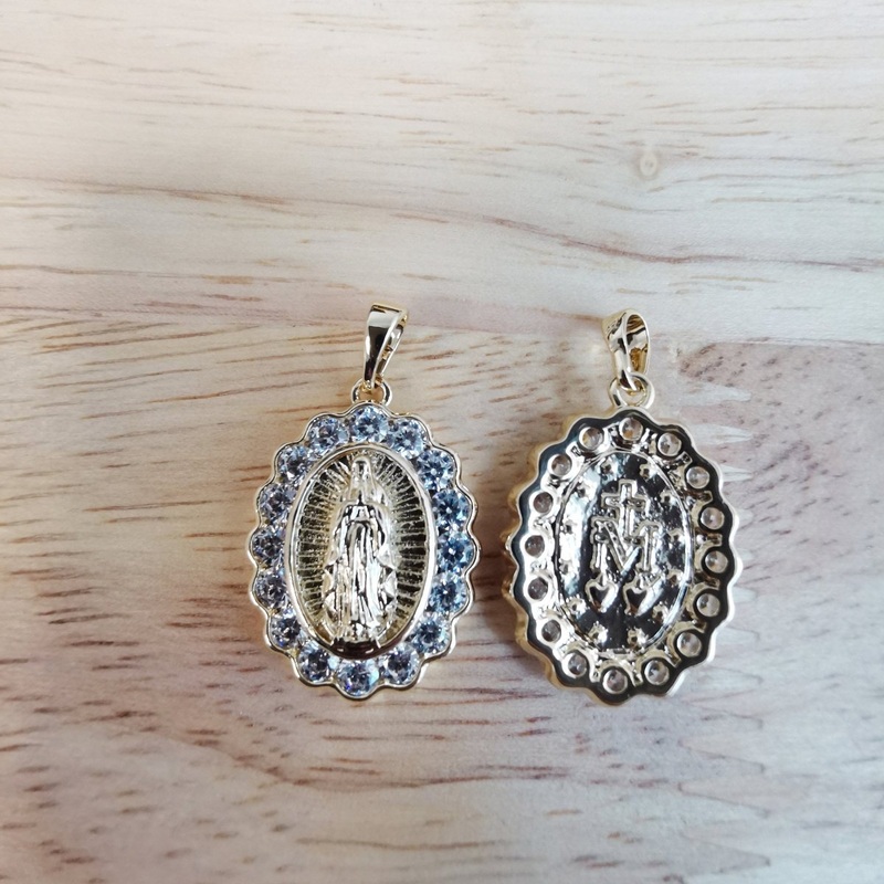 14K  Gold Filled Dainty Miraculous Lady Mother Mary Micro Pave CZ Virgin Mary Bracelet Charm Necklace Pendant with Bails Findings I-822