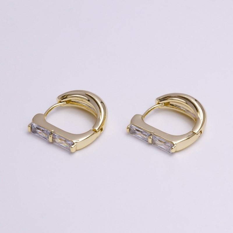 14K Gold Filled Double Clear Baguette Lined 16mm Huggie Earrings | AD1057