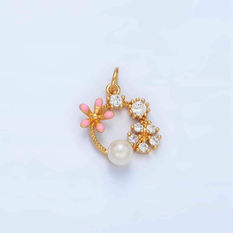 14K Gold Filled Flower CZ Enamel Pearl Open Round Charm | AG879