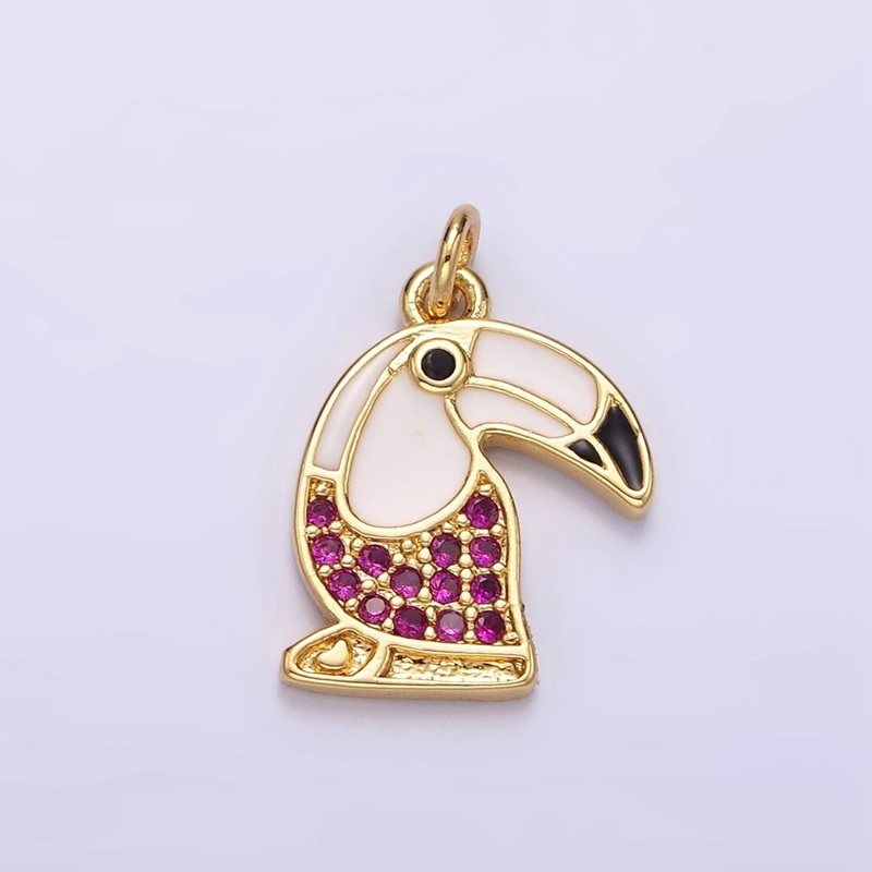 14K Gold Filled Long-Beak Hummingbird Animal Fuchsia Micro Paved CZ Black & White Enamel Charm | N1518