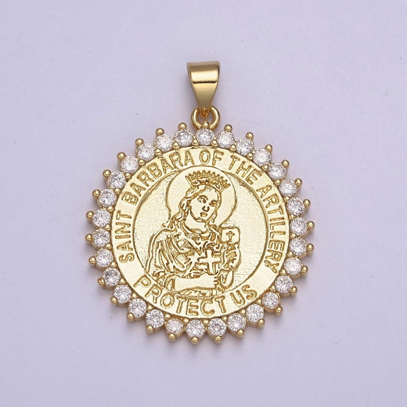 14K Gold Filled Saint Barbara Round Religious Medallion Pendant Micro Pave Religious necklace Charm H-924