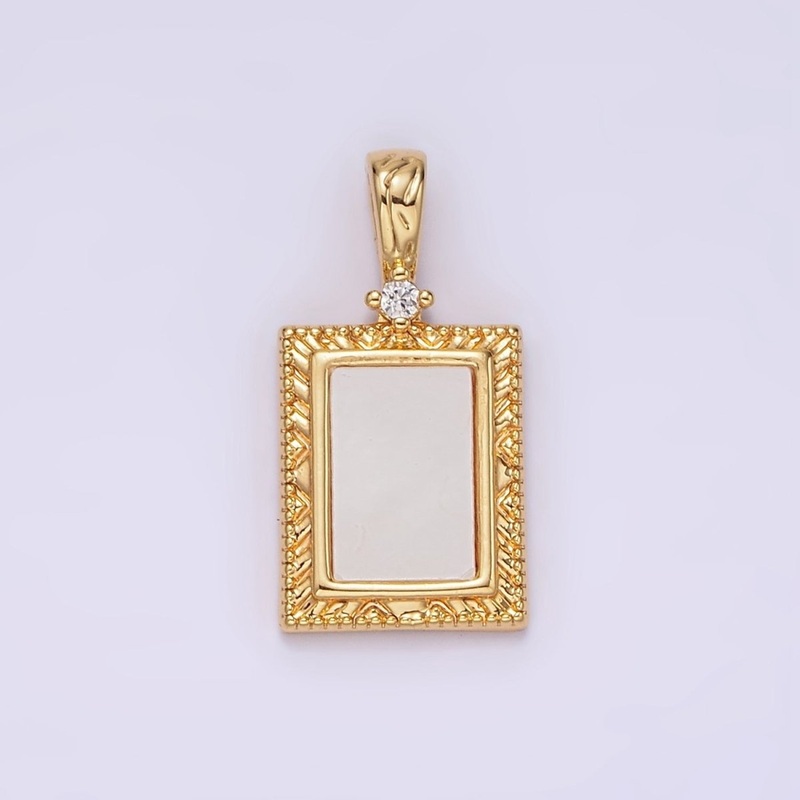 14K Gold Filled Shell Pearl Line-Textured Textured Rectangular Clear CZ Tag Pendant | N1799