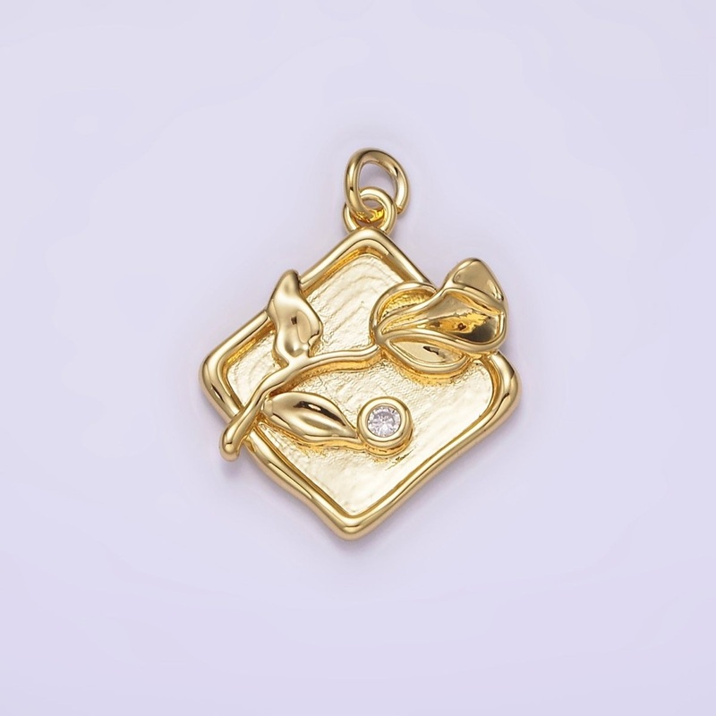 14K Gold Filled Sweet Pea Birth Flower CZ Stamped Rhombus Charm | AG303