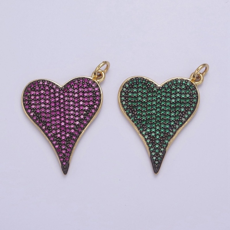 14K Gold Heart Charm Pendant, Green, Pink CZ Micro Pave CZ Heart Charm for bracelet necklace diy jewelry N-796 N-797 Green