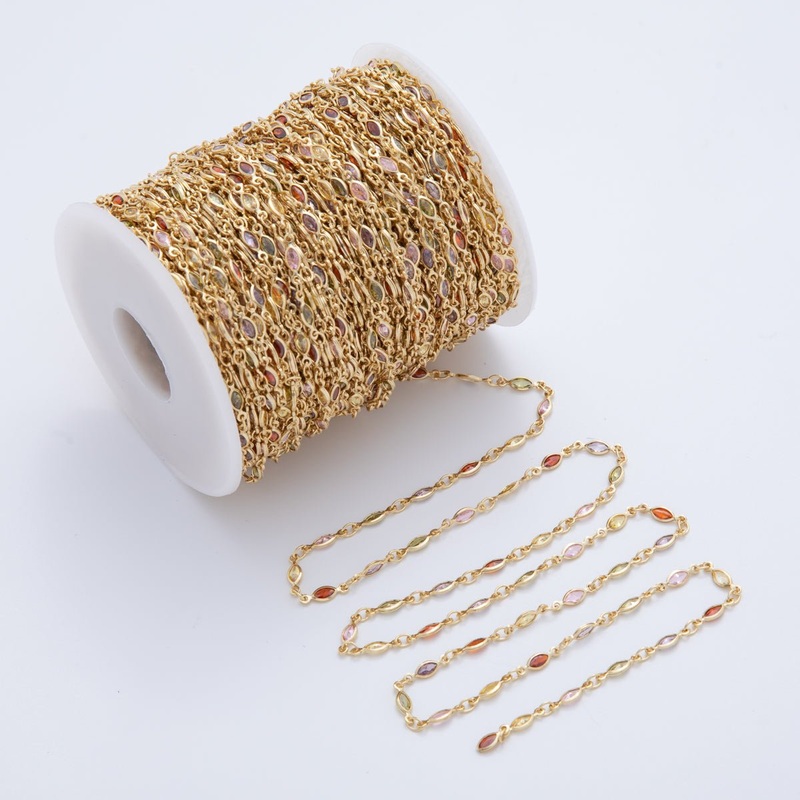 16K Gold Filled 3mm Multicolor CZ Multifaceted Marquise Unfinished Chain by Yard | Roll-1605