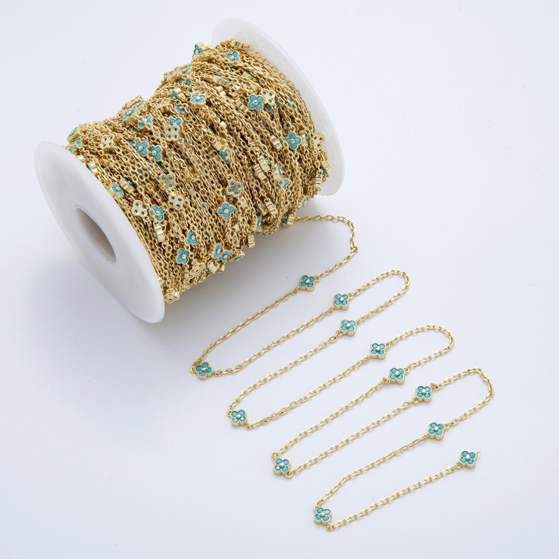 16K Gold Filled Blue Turquoise Flower Cable Unfinished Chain by Yard | Roll-1618