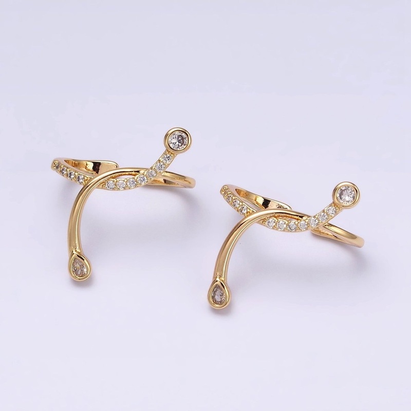 16K Gold Filled Micro Paved CZ Curved Band Ear Cuff Earrings | AI148