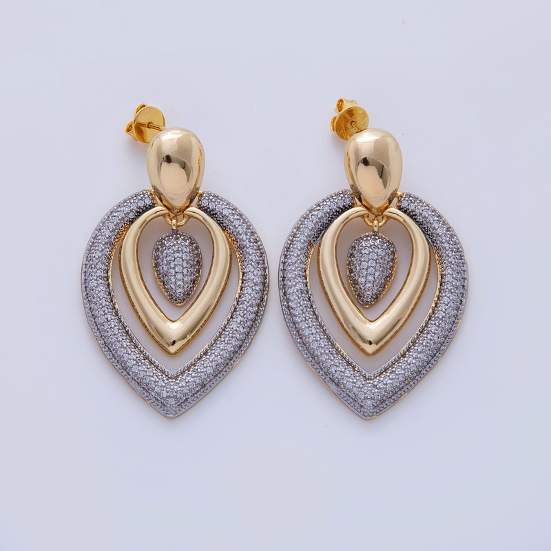 18K Gold Filled Mixed Metal Micro Paved CZ Teardrop Drop Stud Earrings | AI341